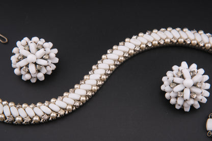 Vintage White Beads & Rhinestones Jewelry Set – Necklace & Clip-On Earrings  Add a touch of timele