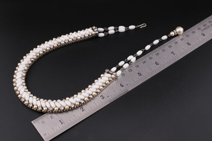 Vintage White Beads & Rhinestones Jewelry Set – Necklace & Clip-On Earrings  Add a touch of timele