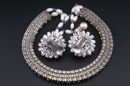Vintage White Beads & Rhinestones Jewelry Set – Necklace & Clip-On Earrings  Add a touch of timele