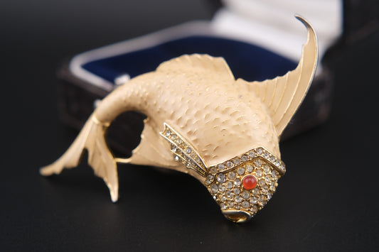 Vintage Articulated Fish Brooch – Attributed to Ciner – Cream Enamel, Rhinestones & Coral Eye
