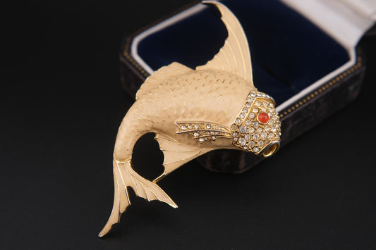 Vintage Articulated Fish Brooch – Attributed to Ciner – Cream Enamel, Rhinestones & Coral Eye