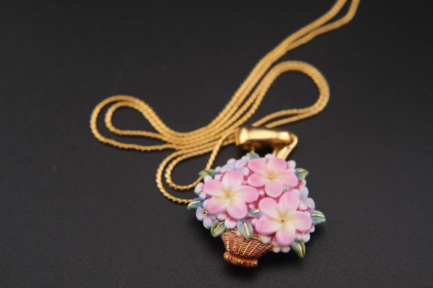 Toshikane Floral Basket Pendant Necklace – Hand-Painted Porcelain Enamel with Gold-Tone Chain