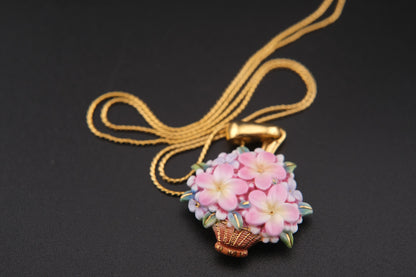 Toshikane Floral Basket Pendant Necklace – Hand-Painted Porcelain Enamel with Gold-Tone Chain