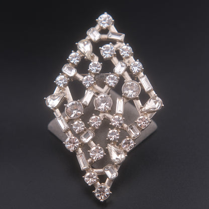 ❤️ Vintage Large Openwork Crystal Rhinestone Statement Brooch – Geometric Sculptural Design, Silver-Tone