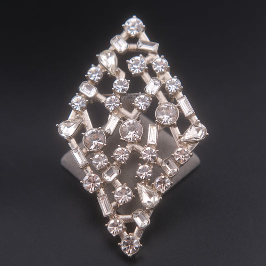 ❤️ Vintage Large Openwork Crystal Rhinestone Statement Brooch – Geometric Sculptural Design, Silver-Tone