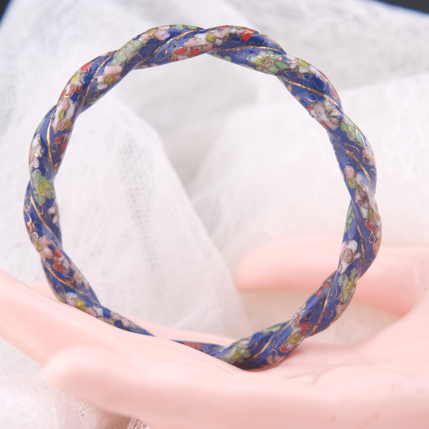 Vintage Cloisonné Blue Enamel Floral Bangle Bracelet – Twisted Design