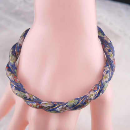 Vintage Cloisonné Blue Enamel Floral Bangle Bracelet – Twisted Design