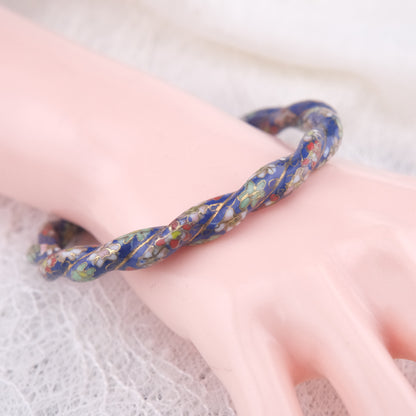 Vintage Cloisonné Blue Enamel Floral Bangle Bracelet – Twisted Design
