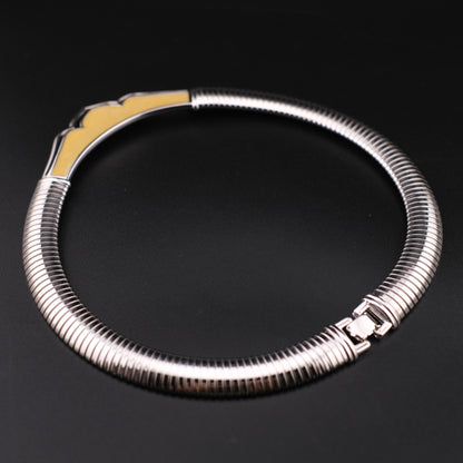 ❤️ Vintage Monet Silver-Tone Collar Necklace with Cream & Black Enamel Centerpiece