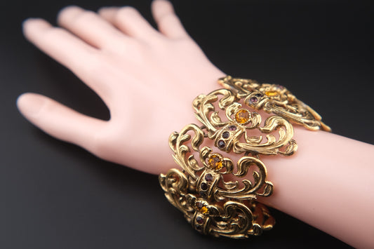 Vintage Goossens Paris Ornate Gold-Tone Bracelet with Amber & Amethyst-Colored Glass Stones