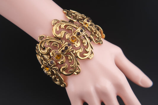 Vintage Goossens Paris Ornate Gold-Tone Bracelet with Amber & Amethyst-Colored Glass Stones