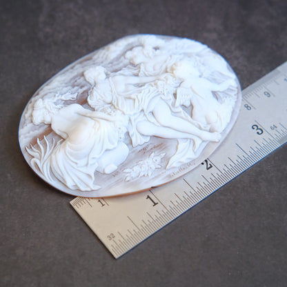 ❤️ Large Vintage Hand Carved Shell Cameo – Signed Artist – Mythological Scene with Cherubs – 3" Collector Cameo