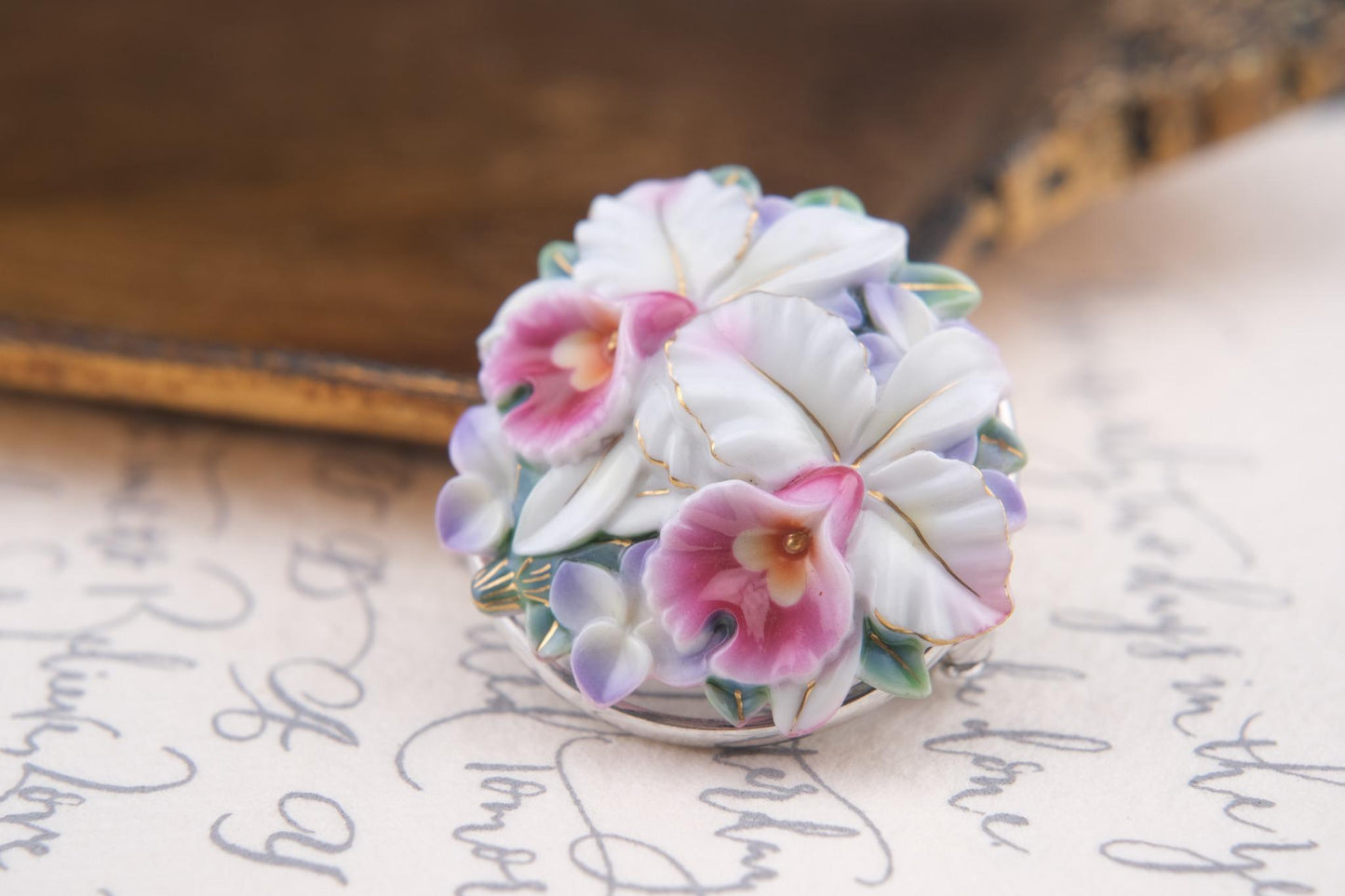 Vintage Toshikane Orchid Brooch Pendant – Hand-Painted Porcelain Flowers in Sterling Silver Mount