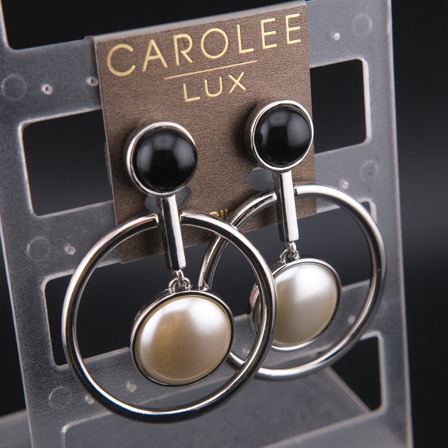 Vintage Carolee Lux Black Onyx & Pearl Statement Earrings – Silver-Tone Hoop Design
