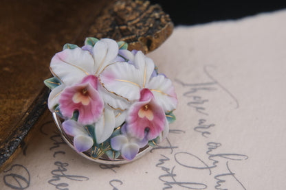 Vintage Toshikane Orchid Brooch Pendant – Hand-Painted Porcelain Flowers in Sterling Silver Mount