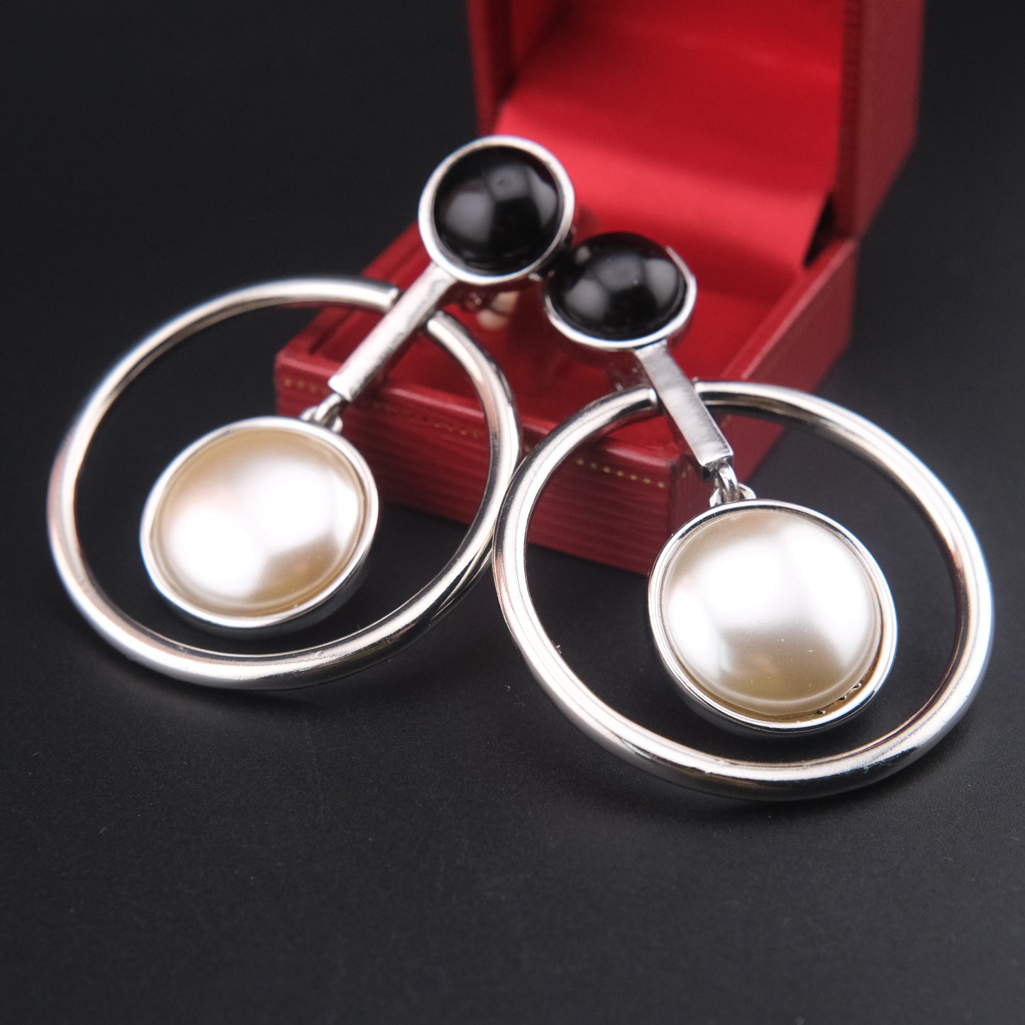 Vintage Carolee Lux Black Onyx & Pearl Statement Earrings – Silver-Tone Hoop Design