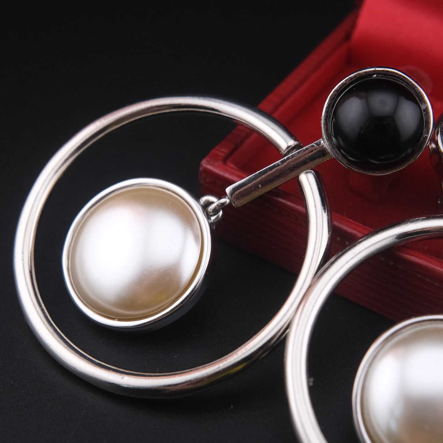 Vintage Carolee Lux Black Onyx & Pearl Statement Earrings – Silver-Tone Hoop Design