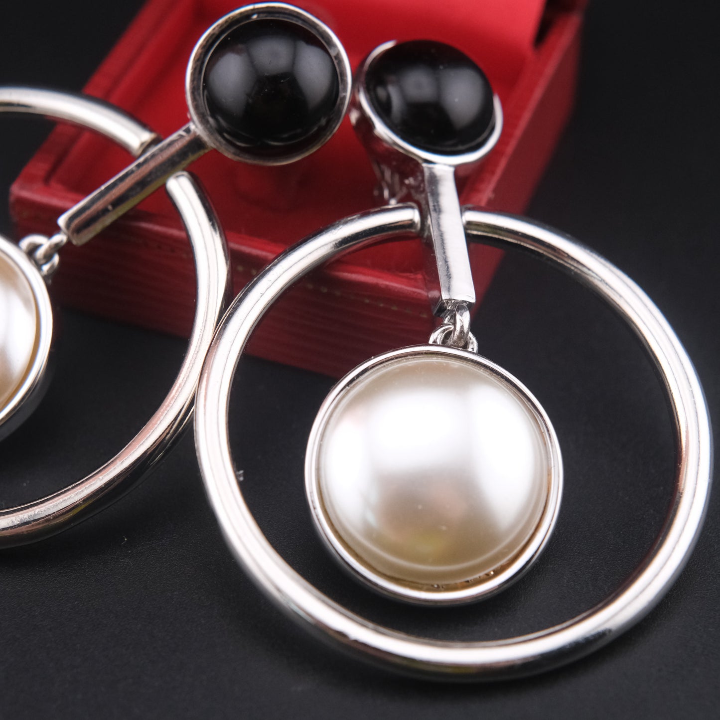 Vintage Carolee Lux Black Onyx & Pearl Statement Earrings – Silver-Tone Hoop Design