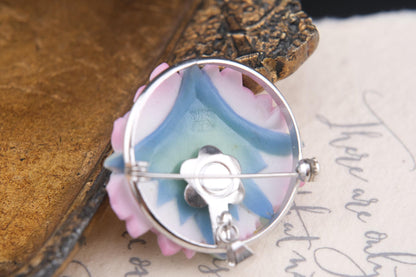 Vintage Toshikane Orchid Brooch Pendant – Hand-Painted Porcelain Flowers in Sterling Silver Mount