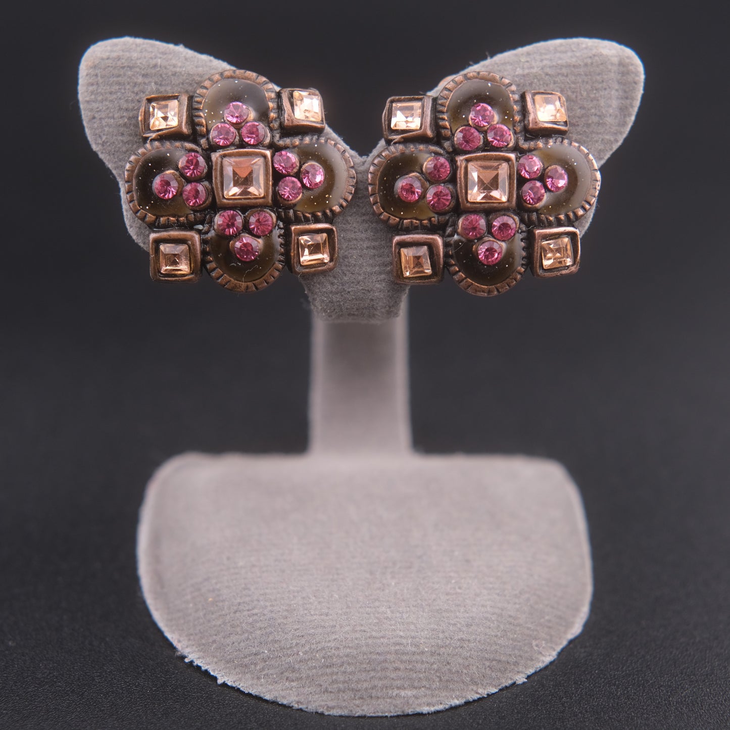 ❤️ Vintage Taratata France Clip-On Earrings Bronze Tone Pink Rhinestone Enamel Floral Geometric 2cm