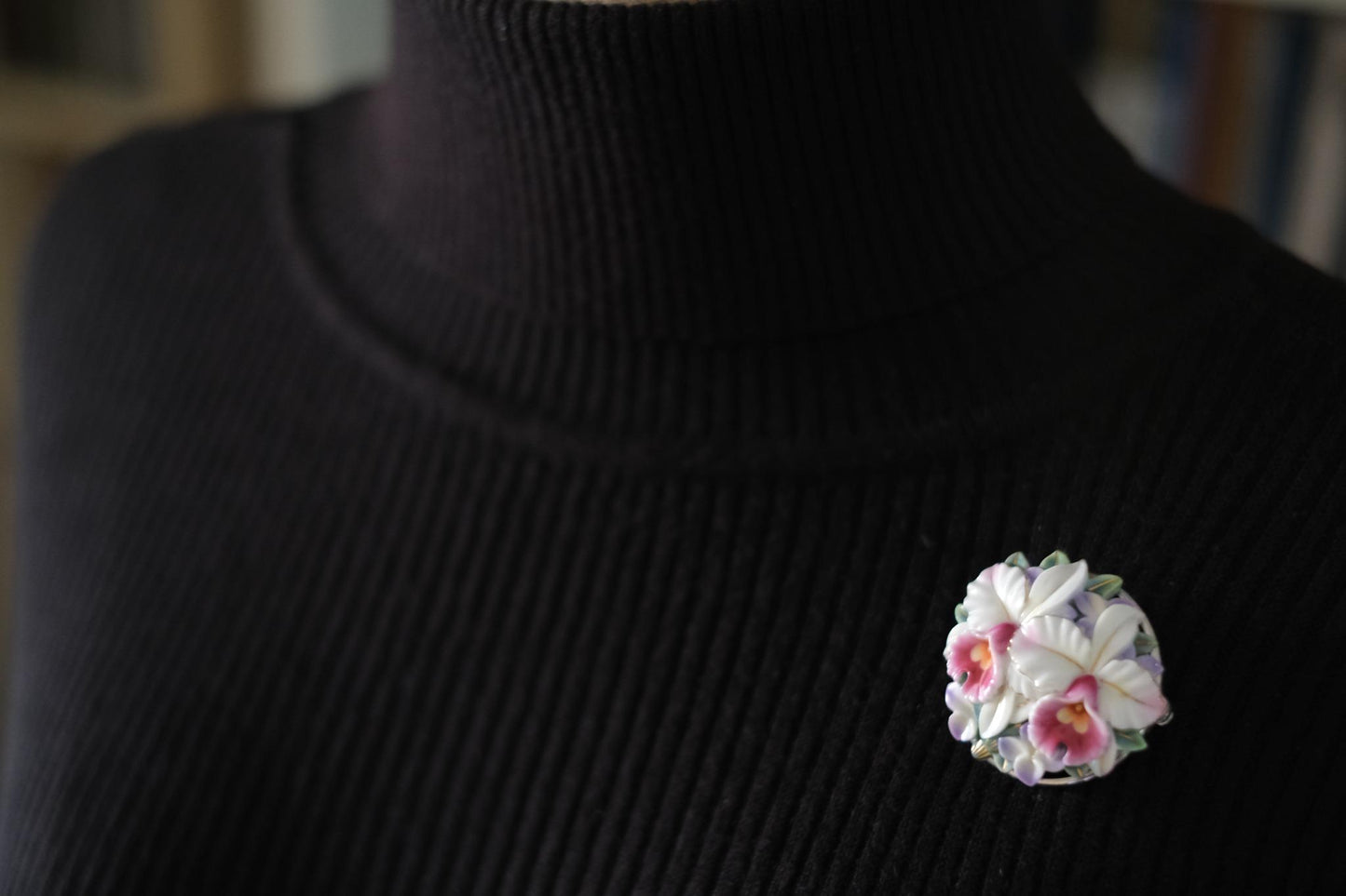 Vintage Toshikane Orchid Brooch Pendant – Hand-Painted Porcelain Flowers in Sterling Silver Mount