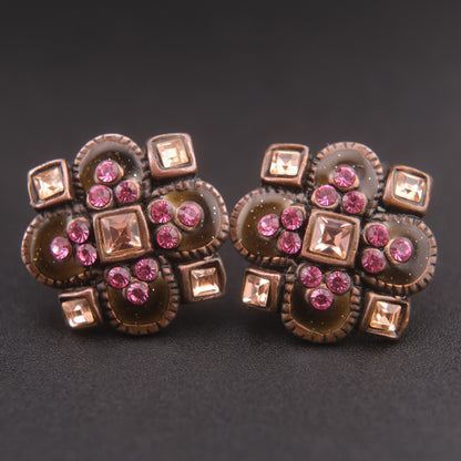 ❤️ Vintage Taratata France Clip-On Earrings Bronze Tone Pink Rhinestone Enamel Floral Geometric 2cm