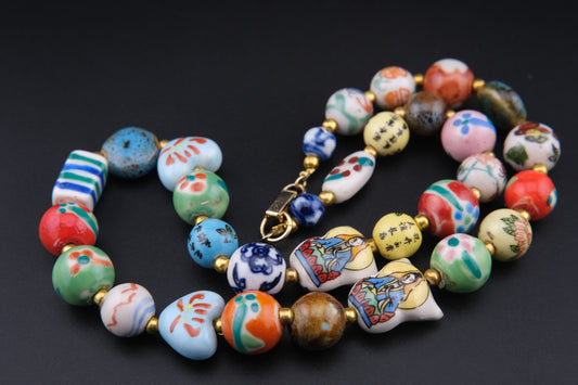Vintage Hand-Painted Porcelain Bead Necklace – 20” Multicolor Ceramic Jewelry