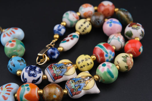 Vintage Hand-Painted Porcelain Bead Necklace – 20” Multicolor Ceramic Jewelry