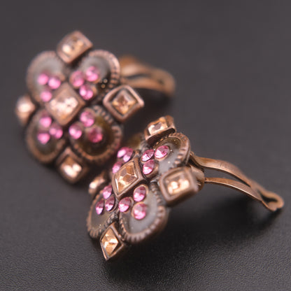 ❤️ Vintage Taratata France Clip-On Earrings Bronze Tone Pink Rhinestone Enamel Floral Geometric 2cm