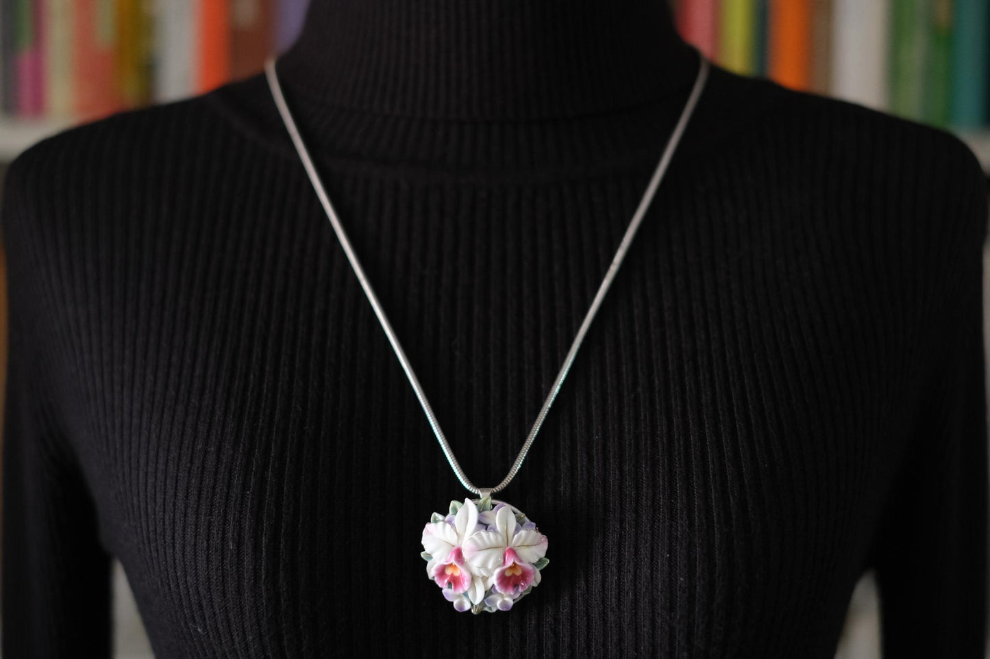 Vintage Toshikane Orchid Brooch Pendant – Hand-Painted Porcelain Flowers in Sterling Silver Mount