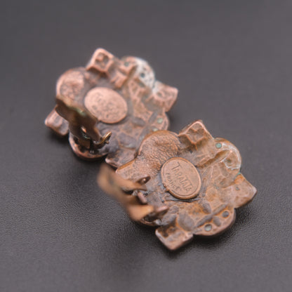 ❤️ Vintage Taratata France Clip-On Earrings Bronze Tone Pink Rhinestone Enamel Floral Geometric 2cm