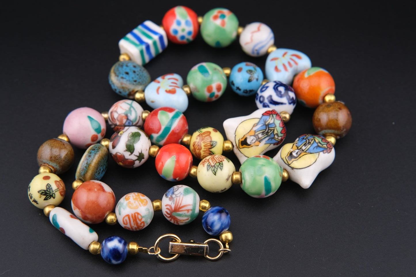 ❤️ Vintage Porcelain Bead Necklace Floral Design Blue White