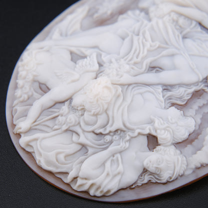 ❤️ Large Vintage Hand Carved Shell Cameo – Signed Artist – Mythological Scene with Cherubs – 3" Collector Cameo