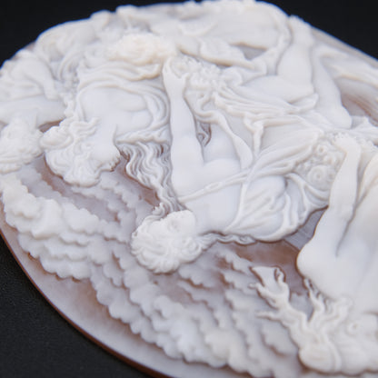 ❤️ Large Vintage Hand Carved Shell Cameo – Signed Artist – Mythological Scene with Cherubs – 3" Collector Cameo