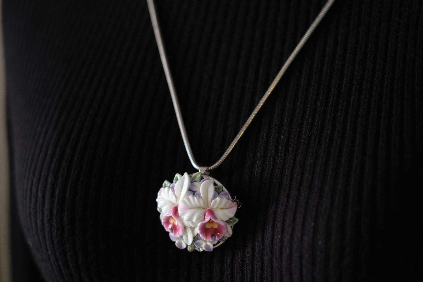 Vintage Toshikane Orchid Brooch Pendant – Hand-Painted Porcelain Flowers in Sterling Silver Mount