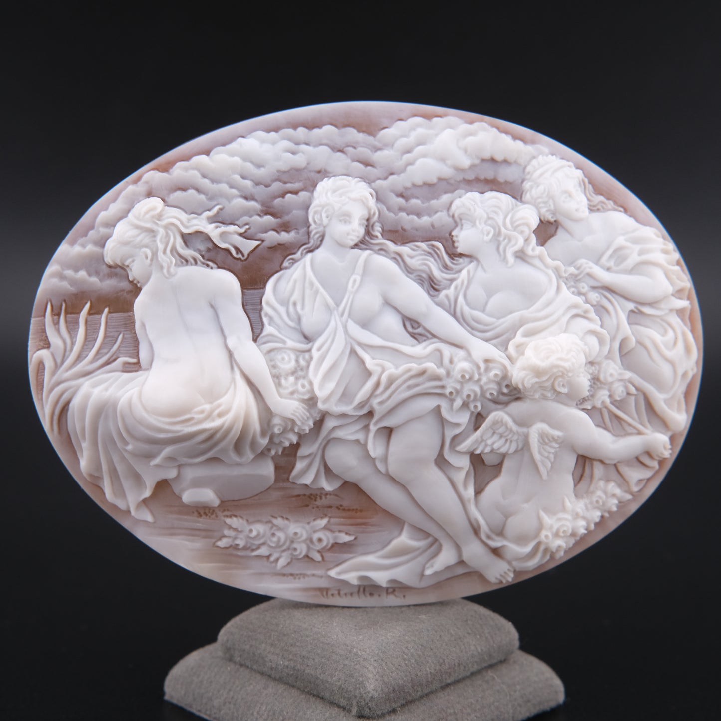 ❤️ Large Vintage Hand Carved Shell Cameo – Signed Artist – Mythological Scene with Cherubs – 3" Collector Cameo
