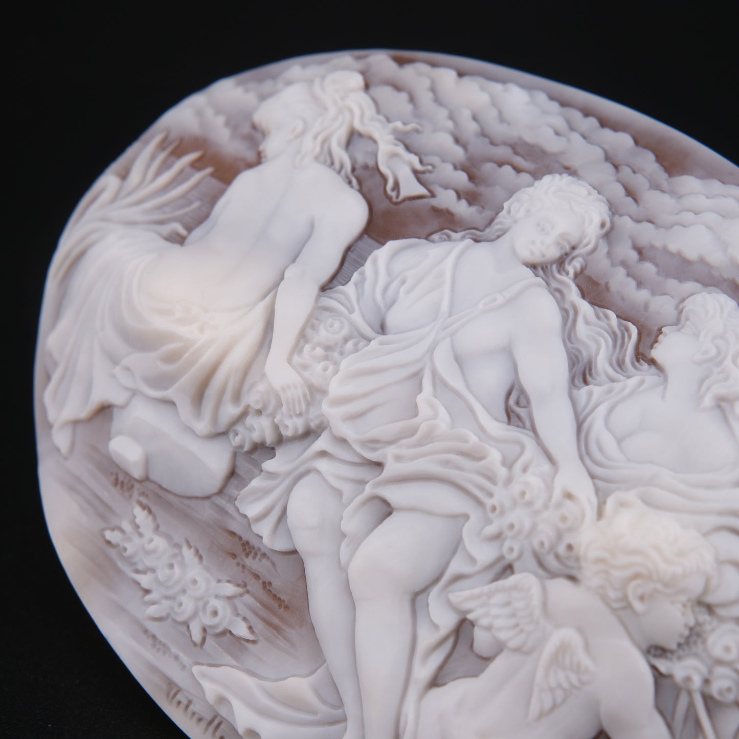 ❤️ Large Vintage Hand Carved Shell Cameo – Signed Artist – Mythological Scene with Cherubs – 3" Collector Cameo