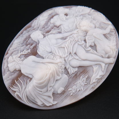 ❤️ Large Vintage Hand Carved Shell Cameo – Signed Artist – Mythological Scene with Cherubs – 3" Collector Cameo