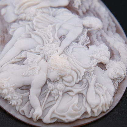 ❤️ Large Vintage Hand Carved Shell Cameo – Signed Artist – Mythological Scene with Cherubs – 3" Collector Cameo