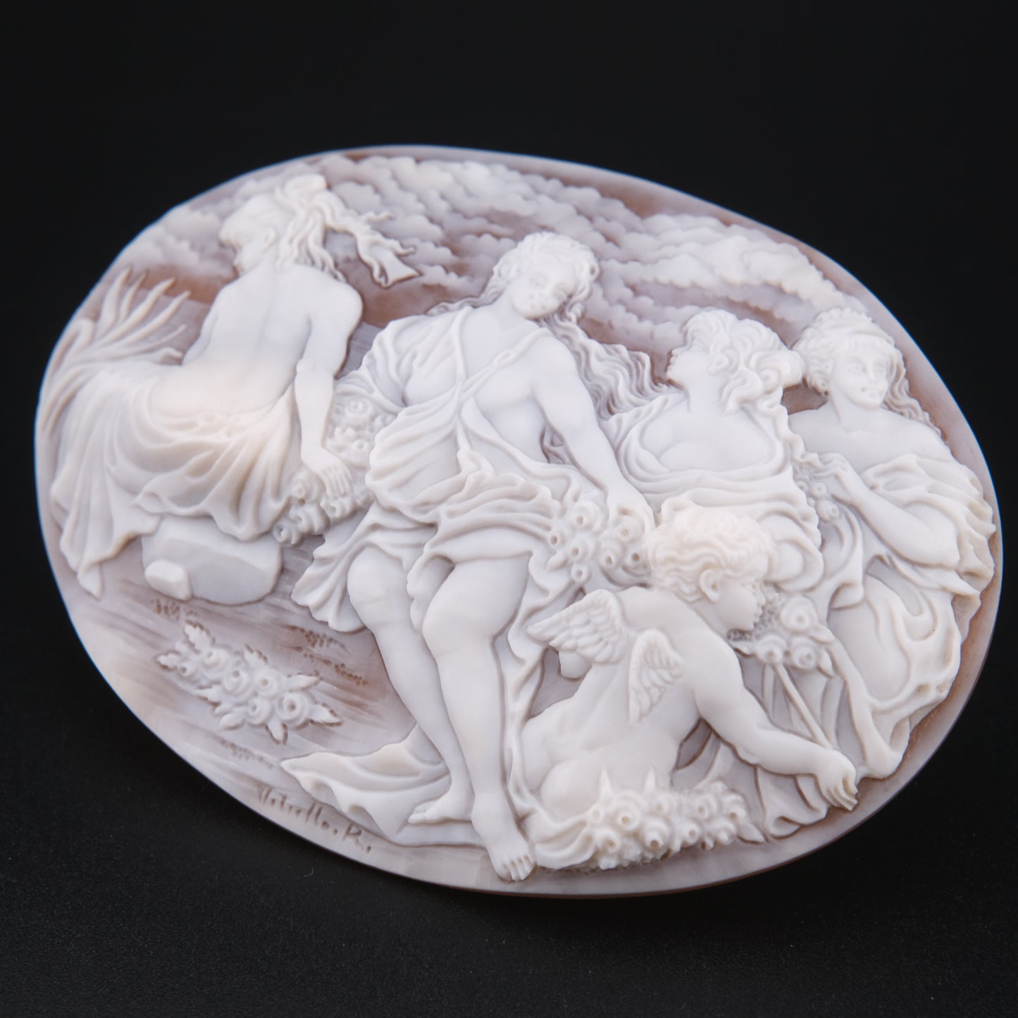 ❤️ Large Vintage Hand Carved Shell Cameo – Signed Artist – Mythological Scene with Cherubs – 3" Collector Cameo