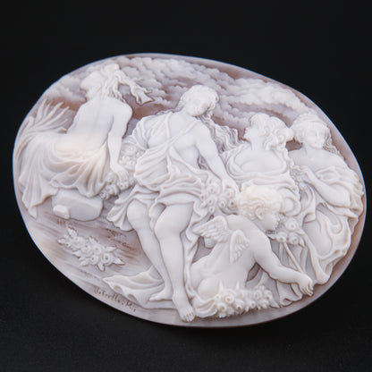 ❤️ Large Vintage Hand Carved Shell Cameo – Signed Artist – Mythological Scene with Cherubs – 3" Collector Cameo