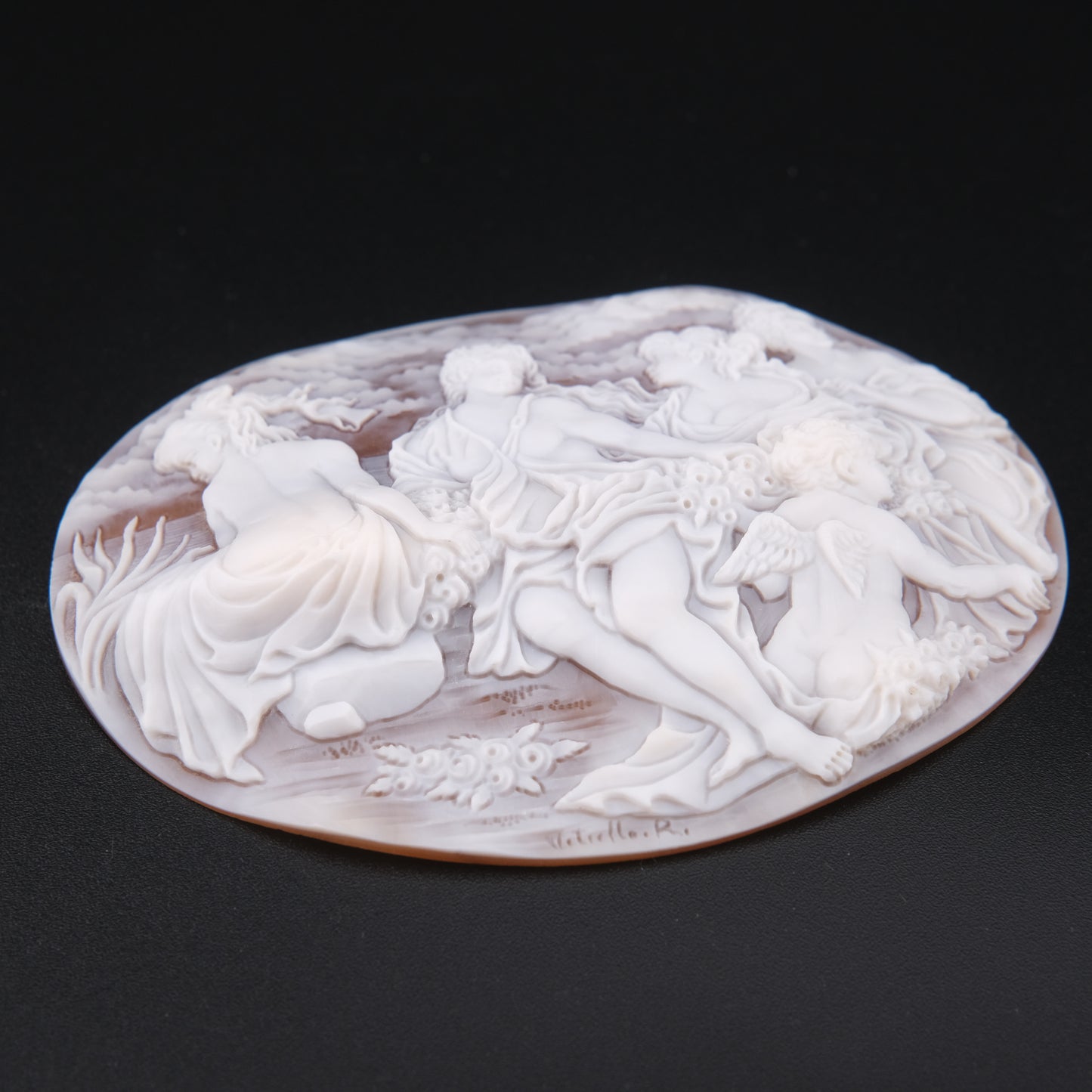 ❤️ Large Vintage Hand Carved Shell Cameo – Signed Artist – Mythological Scene with Cherubs – 3" Collector Cameo
