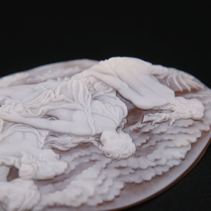 ❤️ Large Vintage Hand Carved Shell Cameo – Signed Artist – Mythological Scene with Cherubs – 3" Collector Cameo
