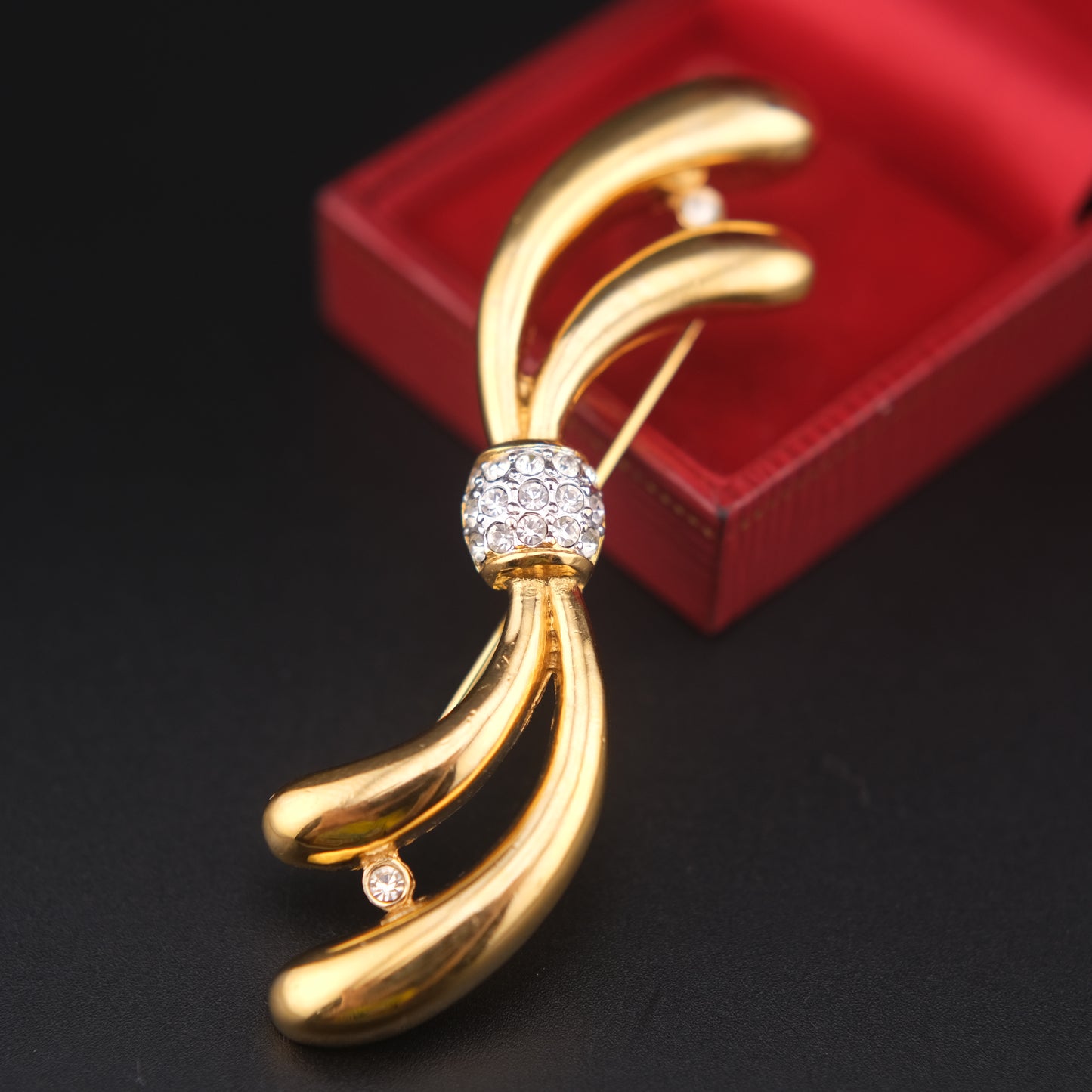 Vintage Attwood & Sawyer Gold-Tone Ribbon Bow Brooch with Crystal Accents