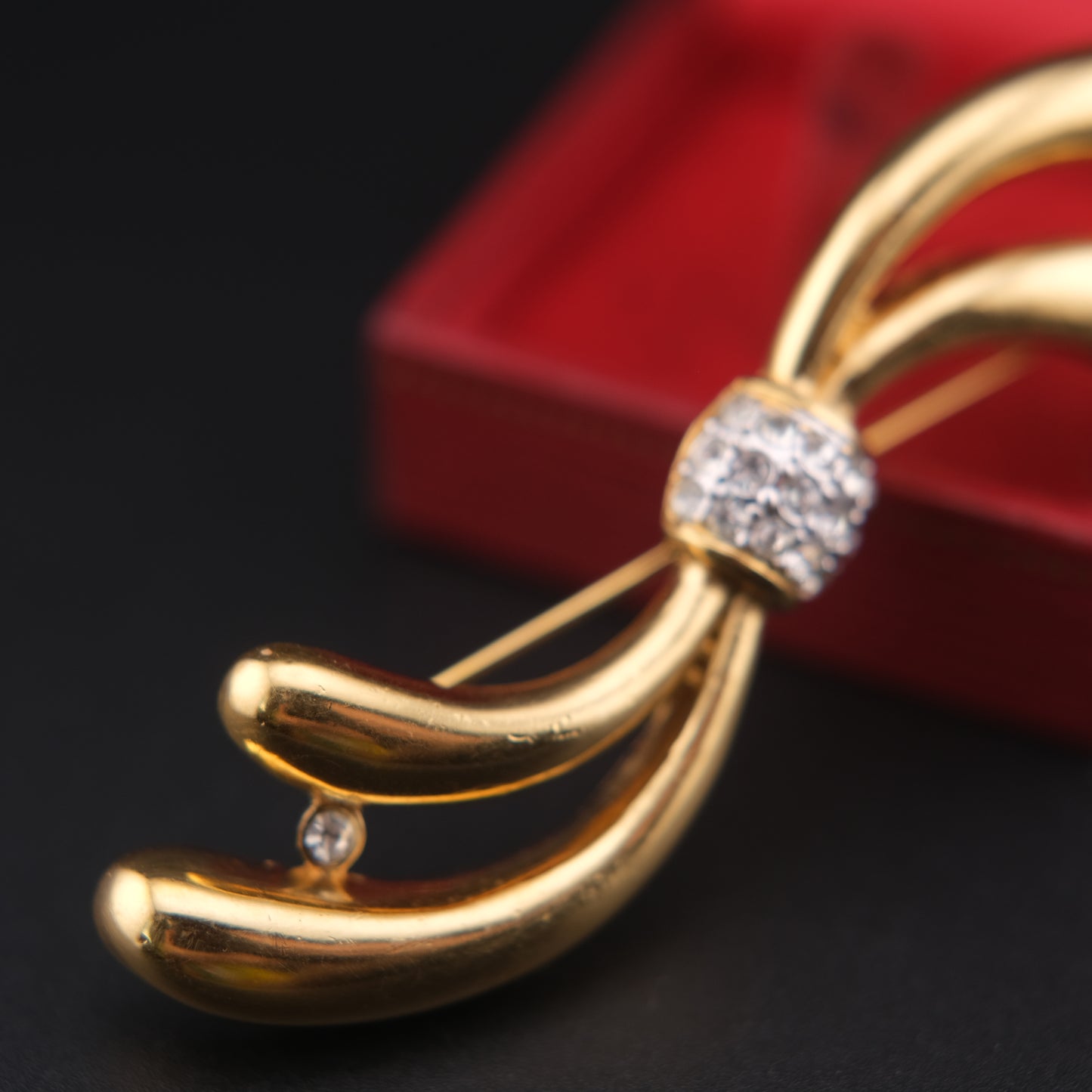 Vintage Attwood & Sawyer Gold-Tone Ribbon Bow Brooch with Crystal Accents