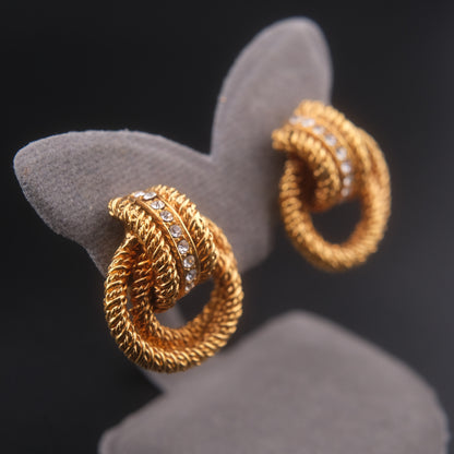 ❤️ Vintage VB Gold Tone Rope Knot Clip-On Earrings with Rhinestones