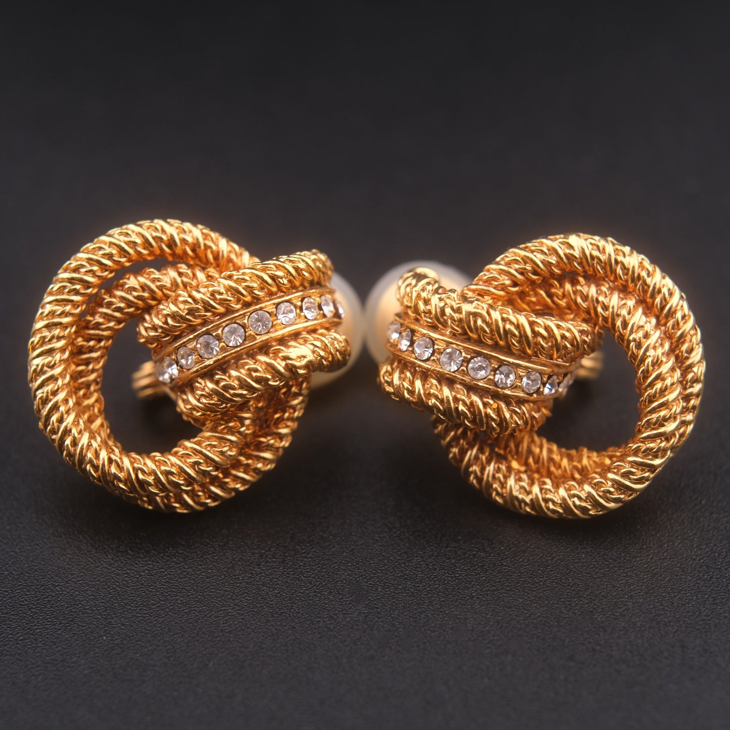 ❤️ Vintage VB Gold Tone Rope Knot Clip-On Earrings with Rhinestones
