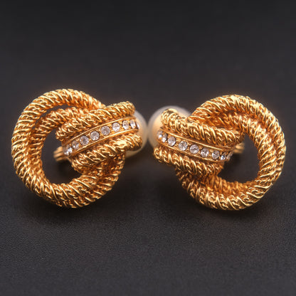 ❤️ Vintage VB Gold Tone Rope Knot Clip-On Earrings with Rhinestones