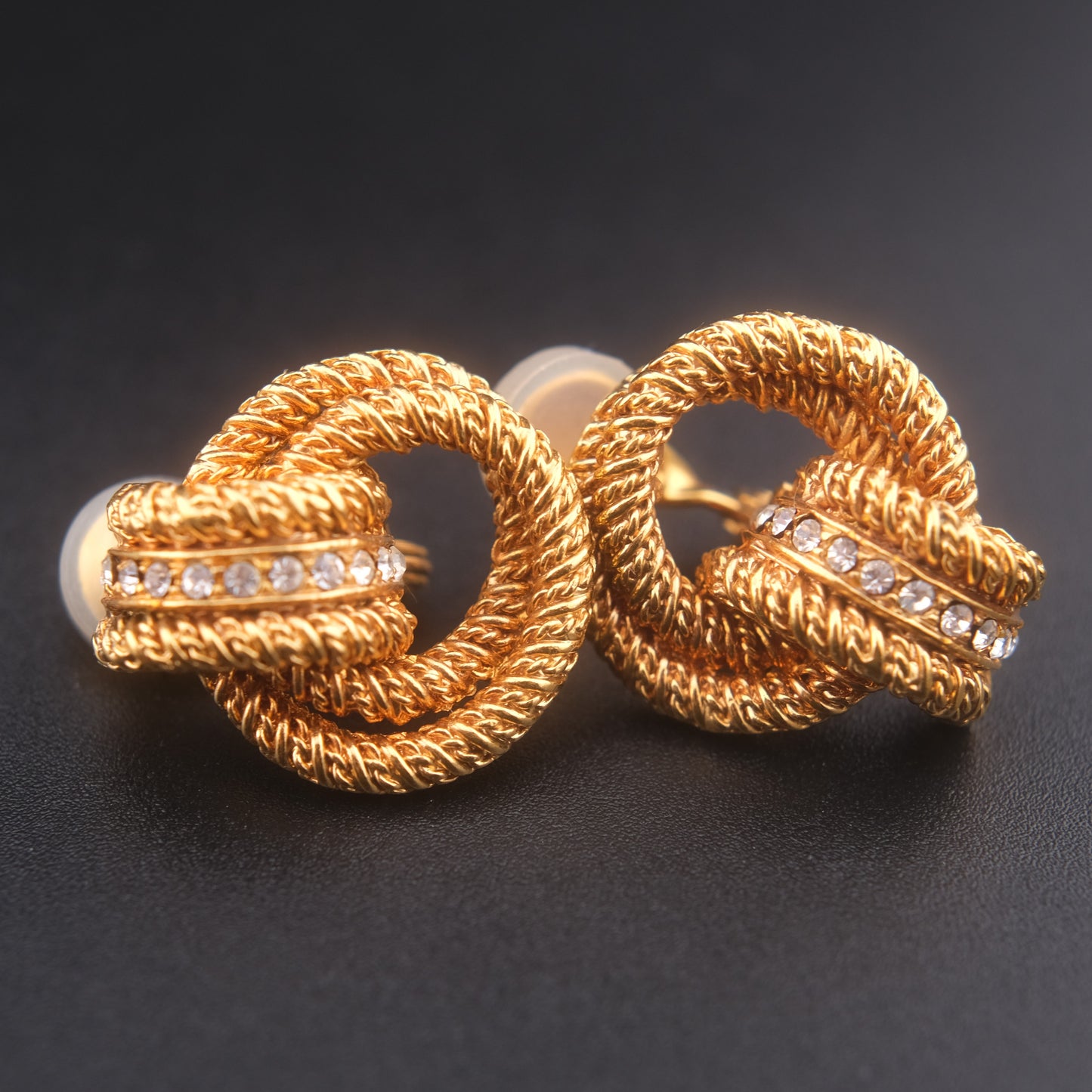 ❤️ Vintage VB Gold Tone Rope Knot Clip-On Earrings with Rhinestones