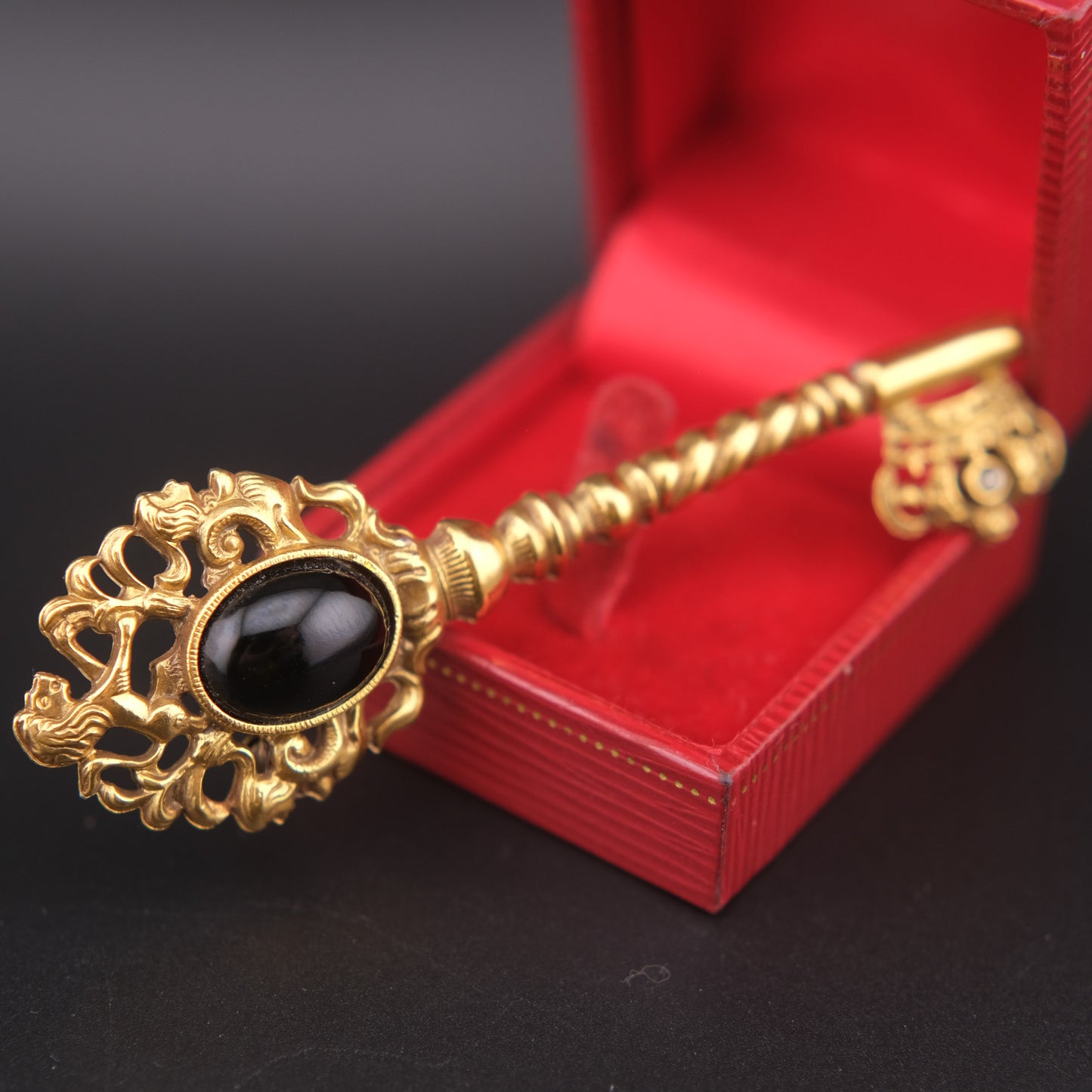 Vintage Gold-Tone Key Brooch with Black Cabochon and Crown Detail